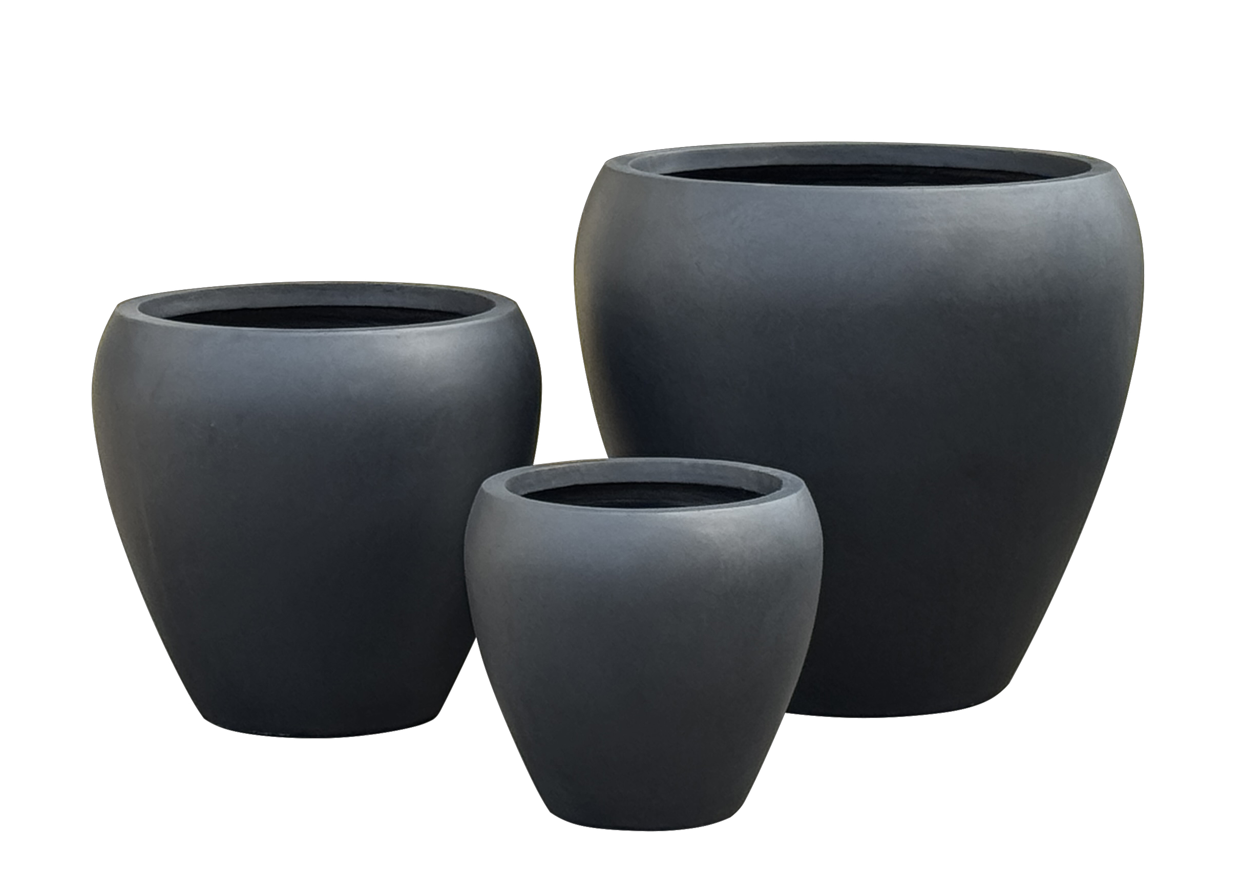 Round Egg Fiber Clay Planter Pots, Set of 3, Smooth Matte Black Finish, Lightweight Outdoor Planters for Hotel Entrance, Patio and Garden