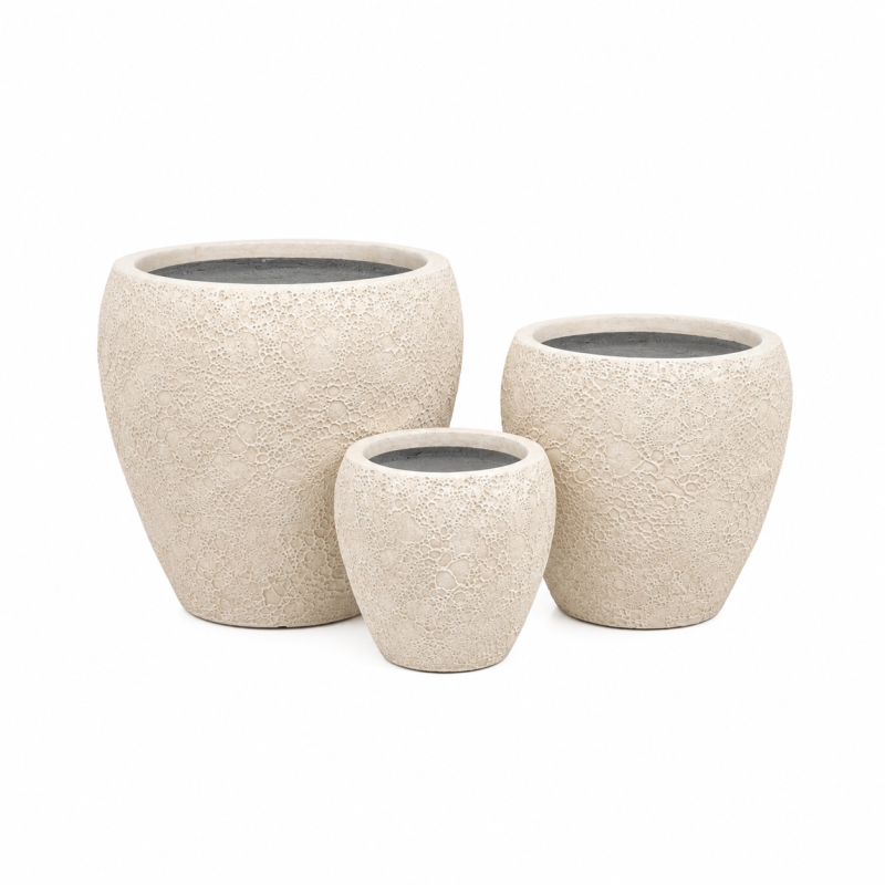 Round Egg Fiber Clay Planter Pots, Set of 3, Volcano Texture Finishing, Lightweight Outdoor Planters for Hotel Entrance, Patio and Garden