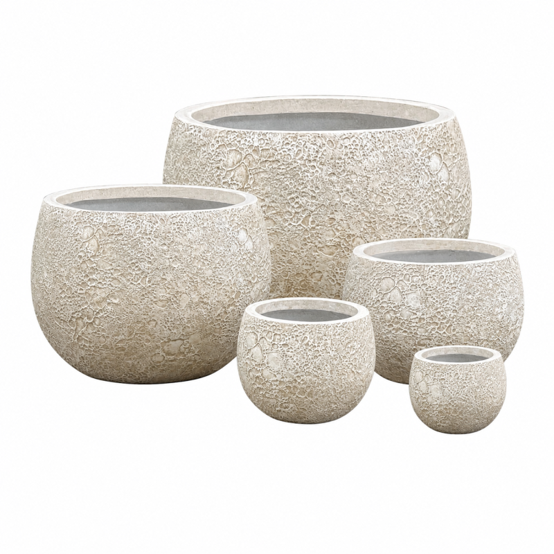 Wholesale Outdoor Large Fiber Clay Planter Pots, Set of 5, Volcano Texture Finish for Rooftop Terraces, Patios and Landscape Projects