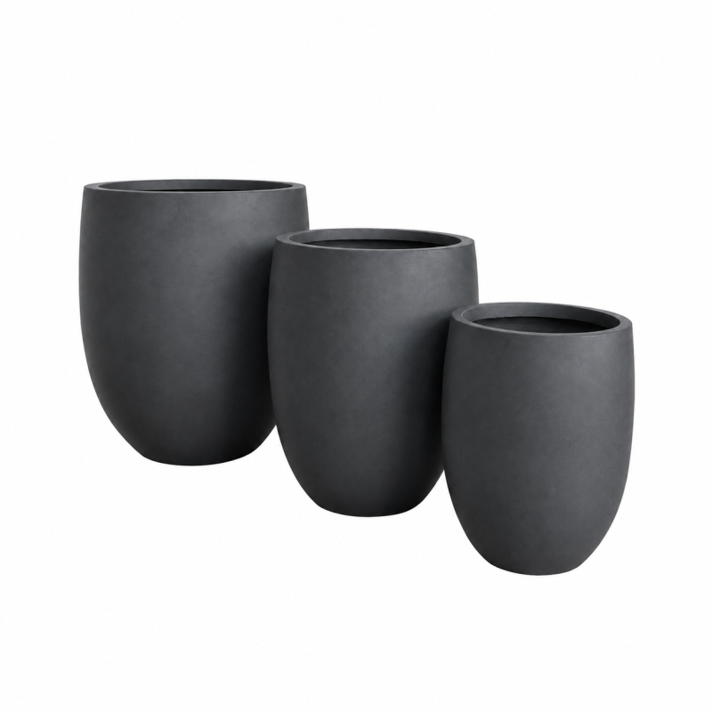 Round Egg Fiber Clay Planter Pots, Set of 3, Smooth Matte Black Finish, Lightweight Outdoor Planters for City Hall, Hotel Entrance and Commercial Spaces