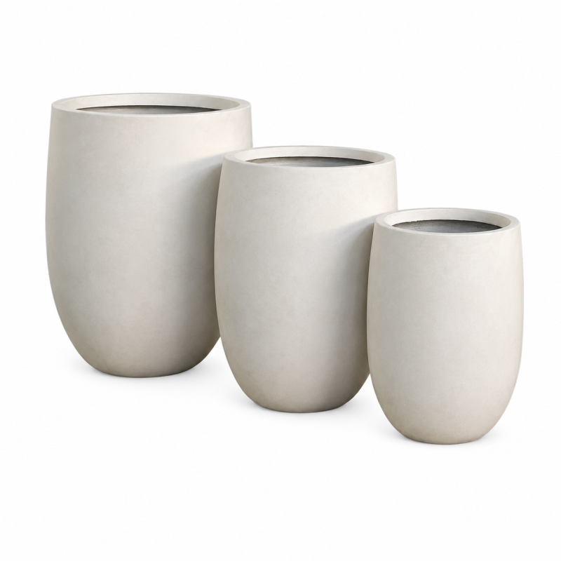 Round Egg Fiber Clay Planter Pots, Set of 3, Smooth Matte White Finish, Lightweight Outdoor Planters for City Hall, Hotel Entrance and Commercial Spaces 
