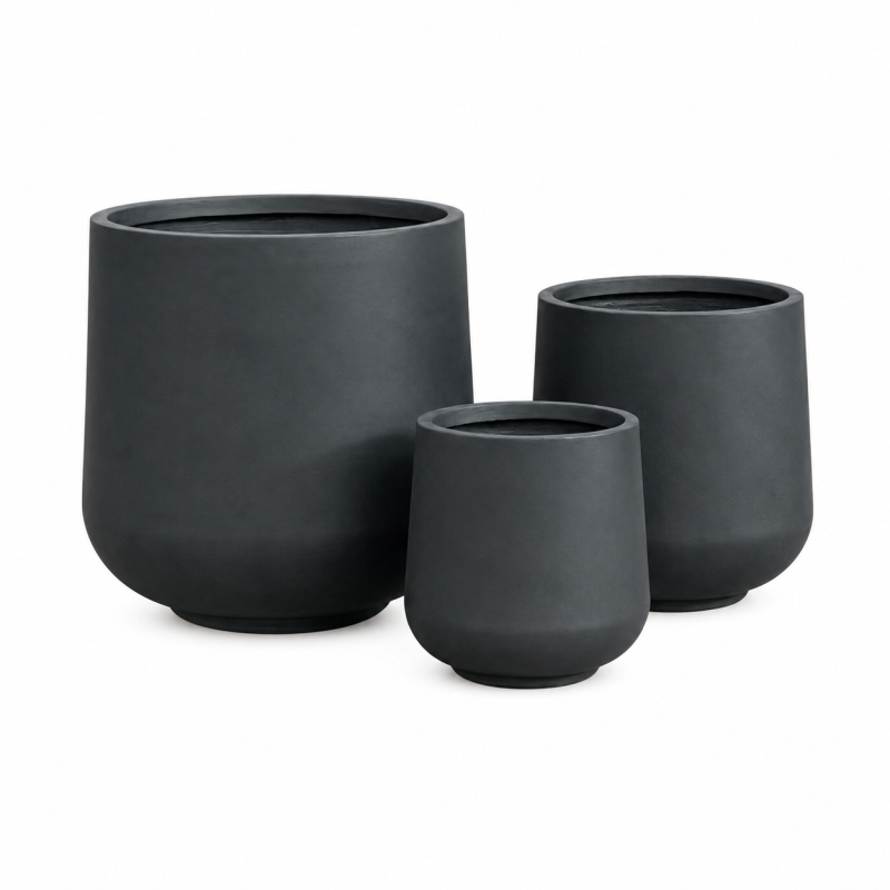 Matte Black Round Fibre Clay Planter Pots Set of 3, Outdoor Garden Flowerpots with Anti-UV and Anti-Frost Finish