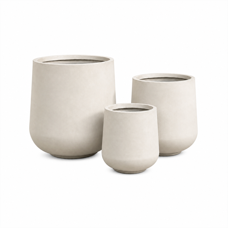 Matte White Round Fibre Clay Planter Pots Set of 3, Outdoor Garden Flowerpots with Anti-UV and Anti-Frost Finish