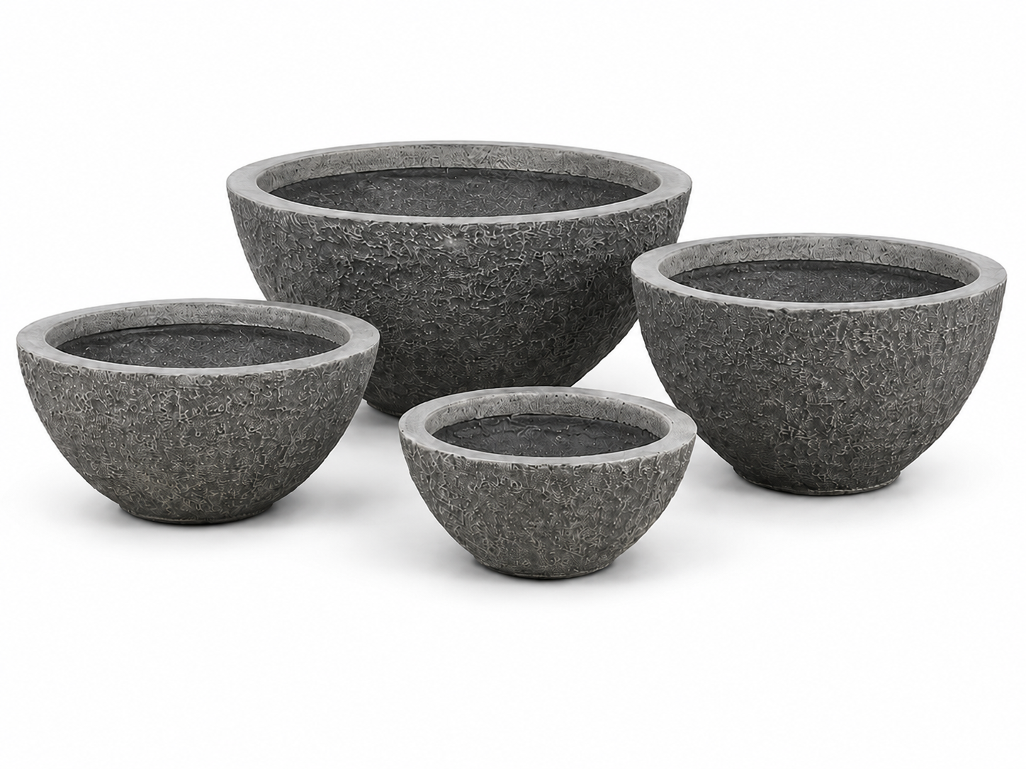 Round Bowl Fiber Clay Planter Pots, Set of 4, Natural Stone Look Finish, Lightweight Outdoor Garden Planters for Patios and Terraces