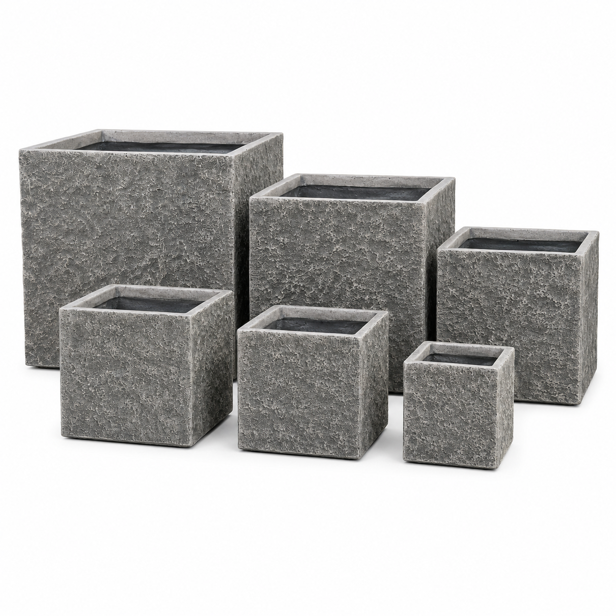 Square Fiber Clay Planter Pots, Set of 6, Natural Stone Look Finish, Lightweight Outdoor Planters for Patio, Balcony and Garden