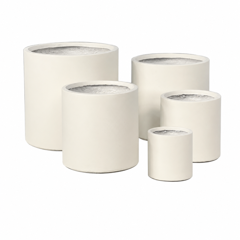 Round Cylinder Fiber Clay Planter Pots, Set of 5, Smooth Matte White Finish, Lightweight Outdoor Planters for Balcony, Patio and Garden - 副本