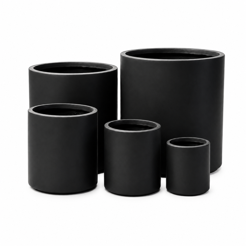 Round Cylinder Fiber Clay Planter Pots, Set of 5, Smooth Matte Black Finish, Lightweight Outdoor Planters for Balcony, Patio and Garden