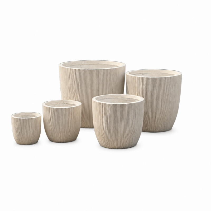 Vertical Ribbed Fiber Clay Planter Pots Set of 5, Lightweight Outdoor Garden Planters for Patio, Balcony and Rooftop Terrace