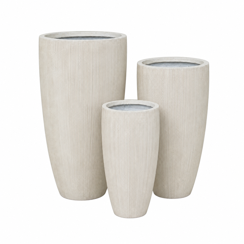 Outdoor Fibre Clay Pots, Tall Ribbed Garden Flowerpots, Wholesale Fiberclay Pot Manufacturer for Patio, Villa and Landscape Projects