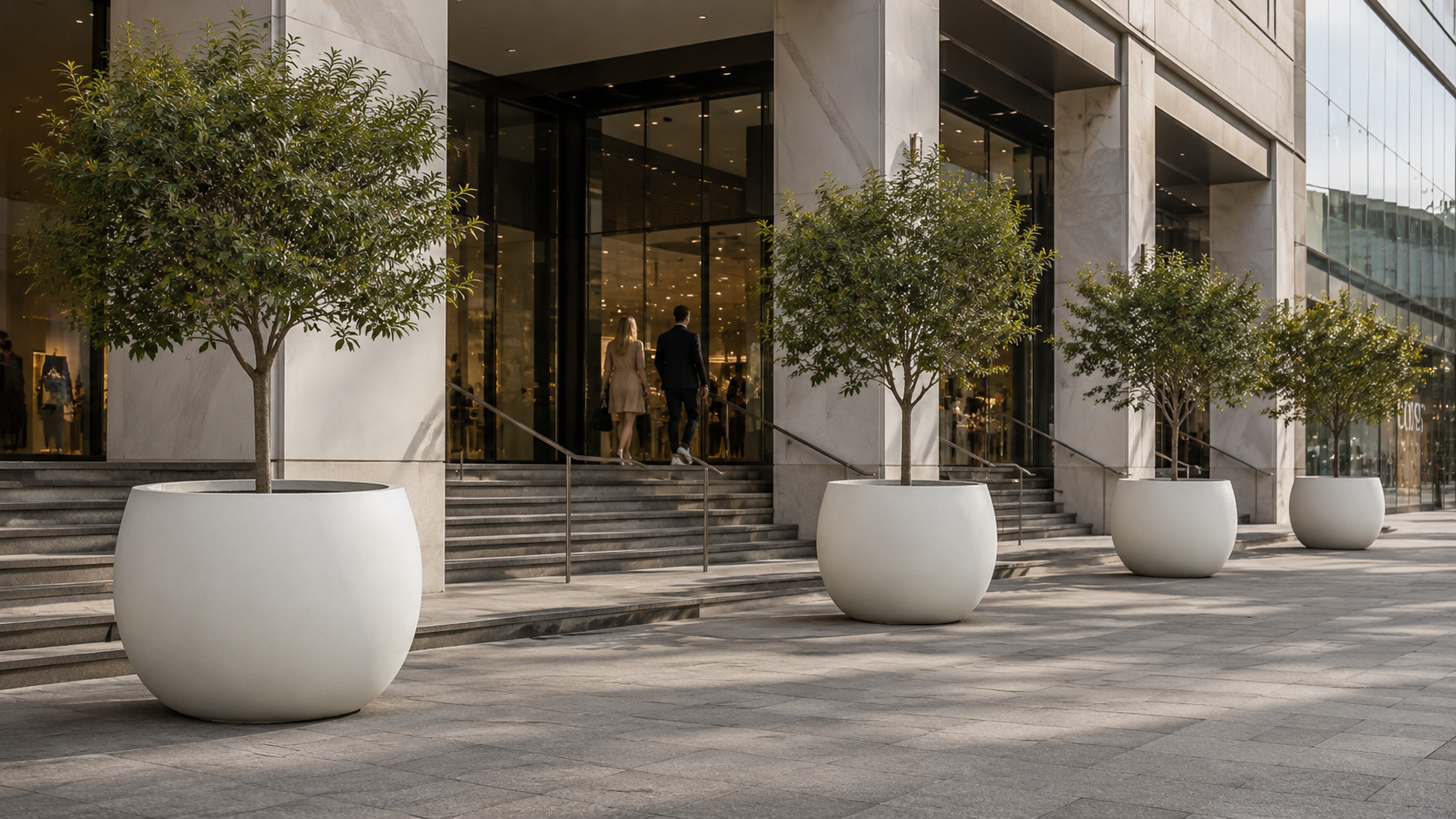 Large fiberclay planter pots for commercial outdoor buildings