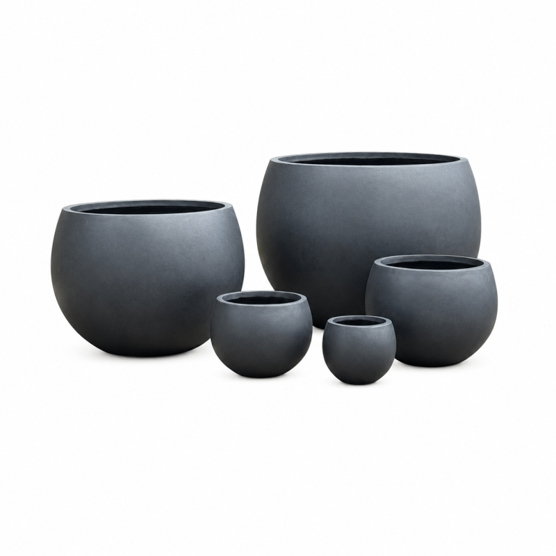 Wholesale Outdoor Large Fiber Clay Planter Pots, Set of 5, Smooth Matte Black Finish