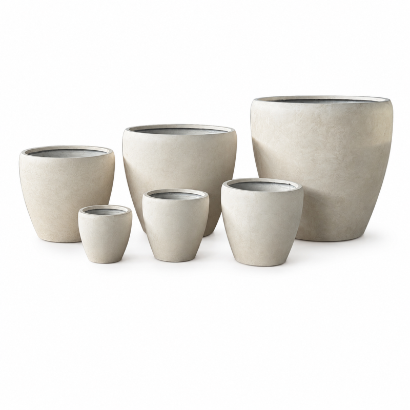 Wholesale Large Round Beige Fiber Clay Pots Sets of 6, Outdoor Fibre Clay Garden Flowerpots from Fiberclay Pot Manufacturer for Commercial Landscaping