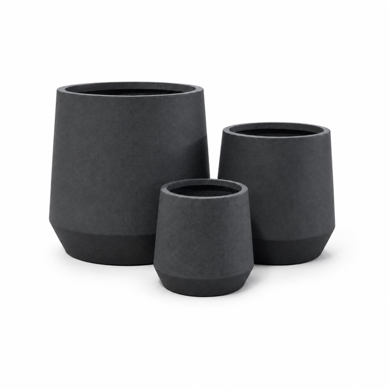 Matte Black Round Fibre Clay Planter Pots Set of 3, Outdoor Garden Flowerpots with Anti-UV and Anti-Frost Finish