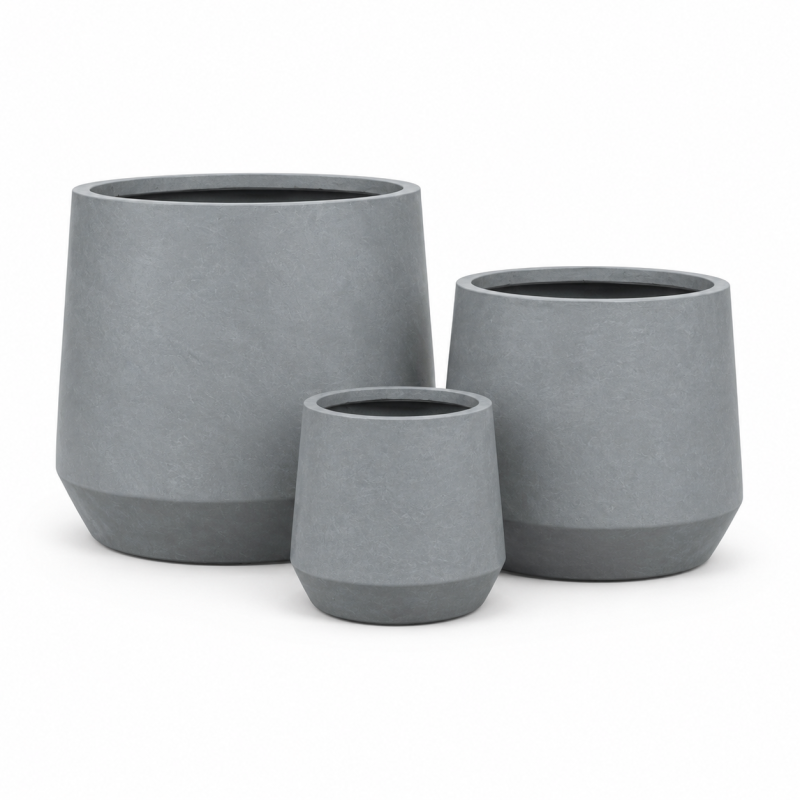 Matte Grey Round Fibre Clay Planter Pots Set of 3, Outdoor Garden Flowerpots with Anti-UV and Anti-Frost Finish 